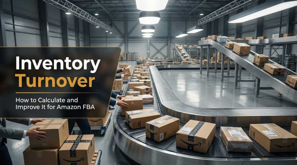 Amazon FBA inventory turnover illustrated by luggage carousel loaded with shipping boxes