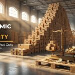 Warehouse with Amazon FBA shipping boxes and golden balance scale illustrating economic order quantity cost optimization