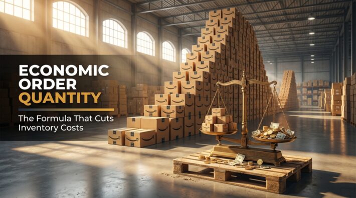 Warehouse with Amazon FBA shipping boxes and golden balance scale illustrating economic order quantity cost optimization