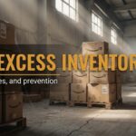 Warehouse pallet rack with aging Amazon FBA shipping boxes illustrating FBA excess inventory and slow-moving overstock.
