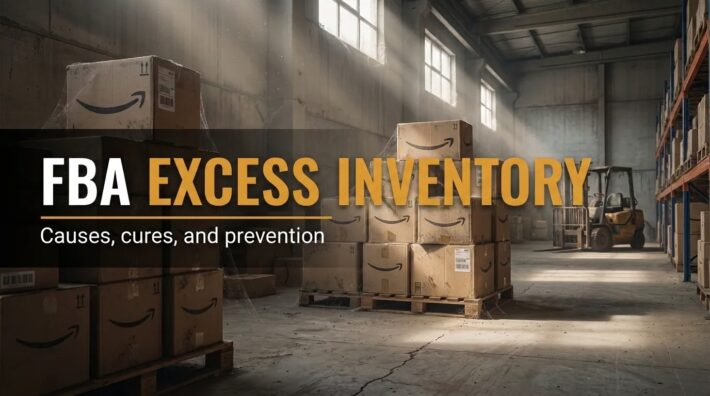 Warehouse pallet rack with aging Amazon FBA shipping boxes illustrating FBA excess inventory and slow-moving overstock.