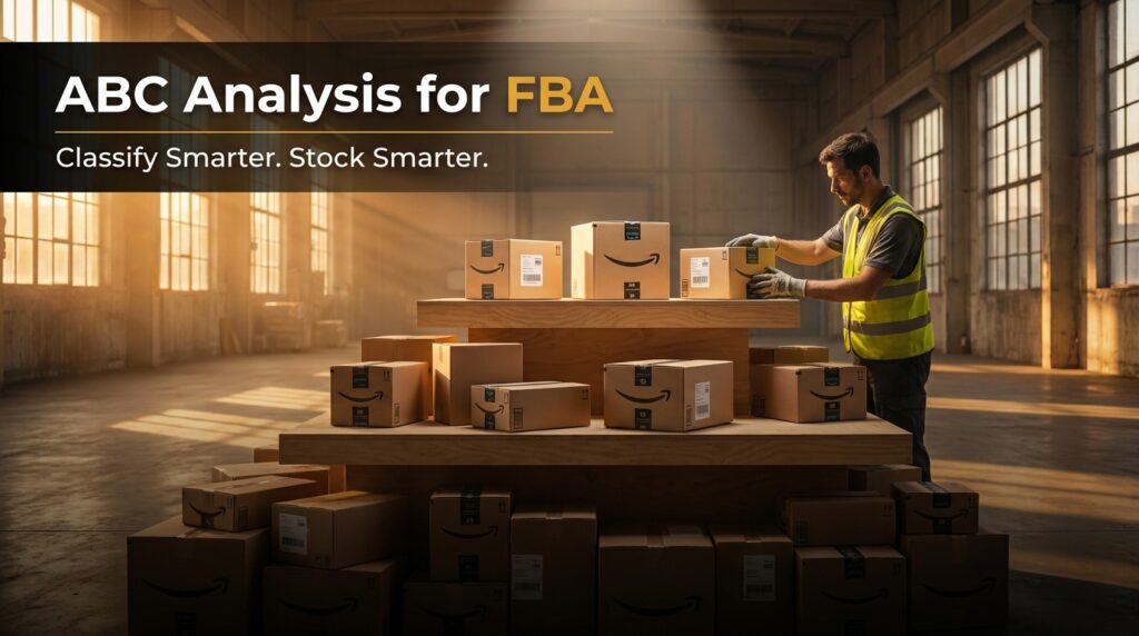 Warehouse worker arranging Amazon FBA shipping boxes on a three-tier display representing ABC analysis inventory classification
