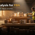 Warehouse worker arranging Amazon FBA shipping boxes on a three-tier display representing ABC analysis inventory classification