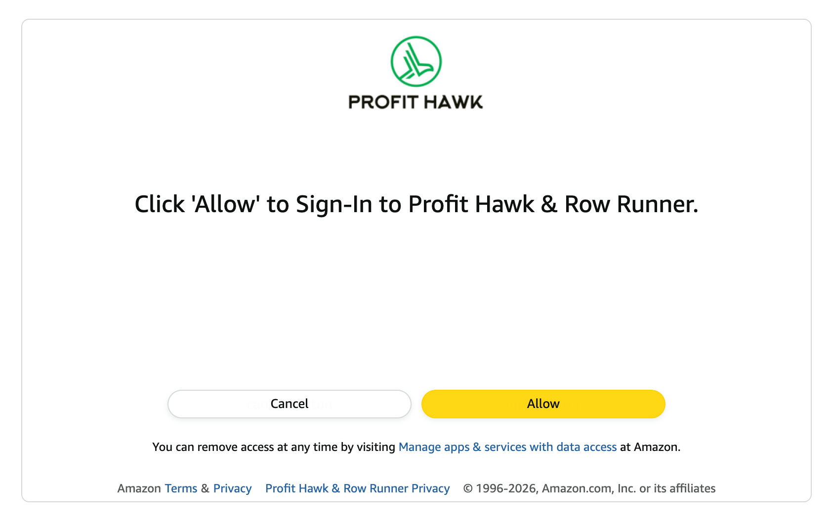 Amazon Ads authorization page with Cancel and Allow buttons to grant Profit Hawk access