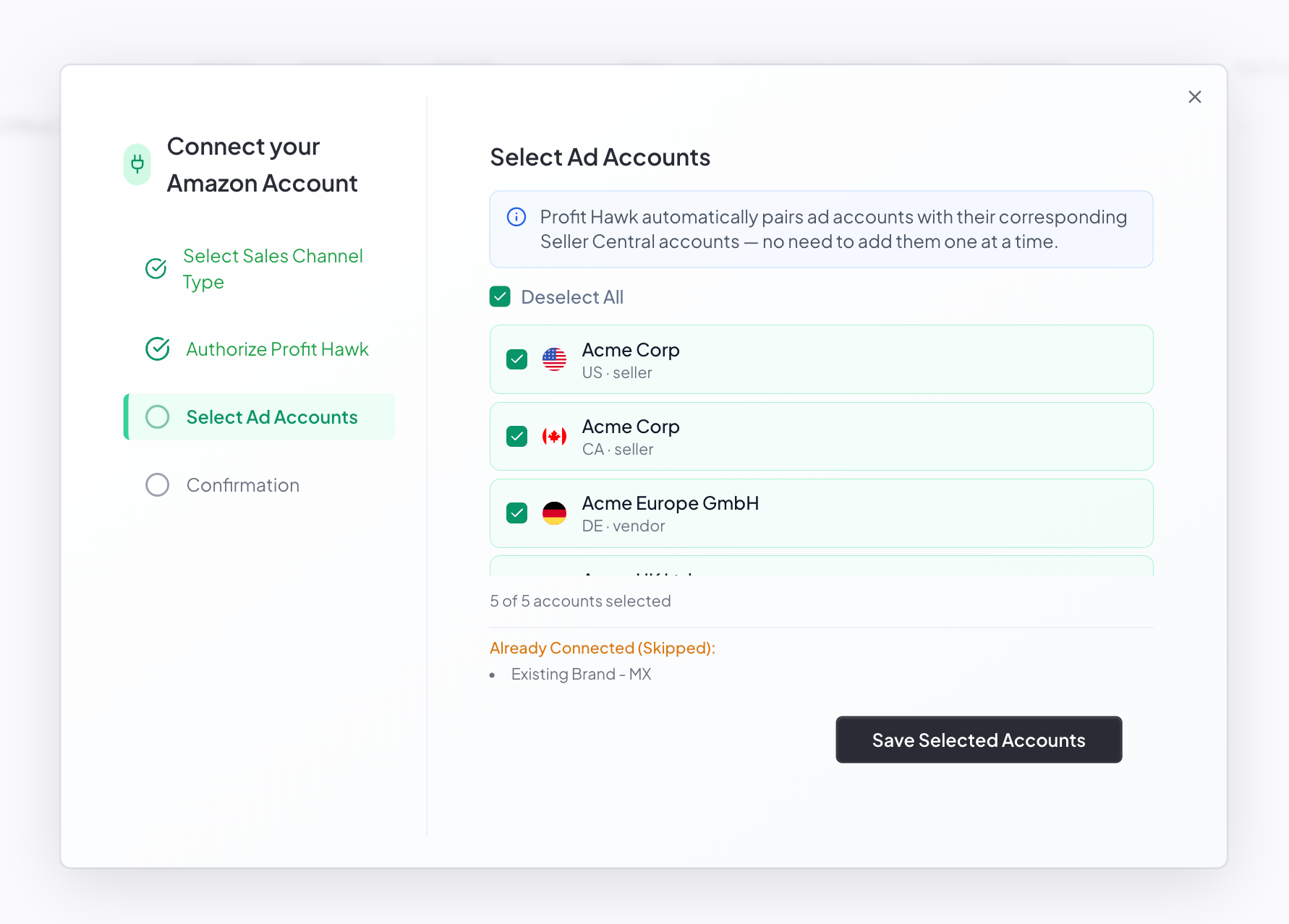 Profit Hawk Select Ad Accounts step showing a list of Amazon Ads profiles with checkboxes to choose which accounts to import
