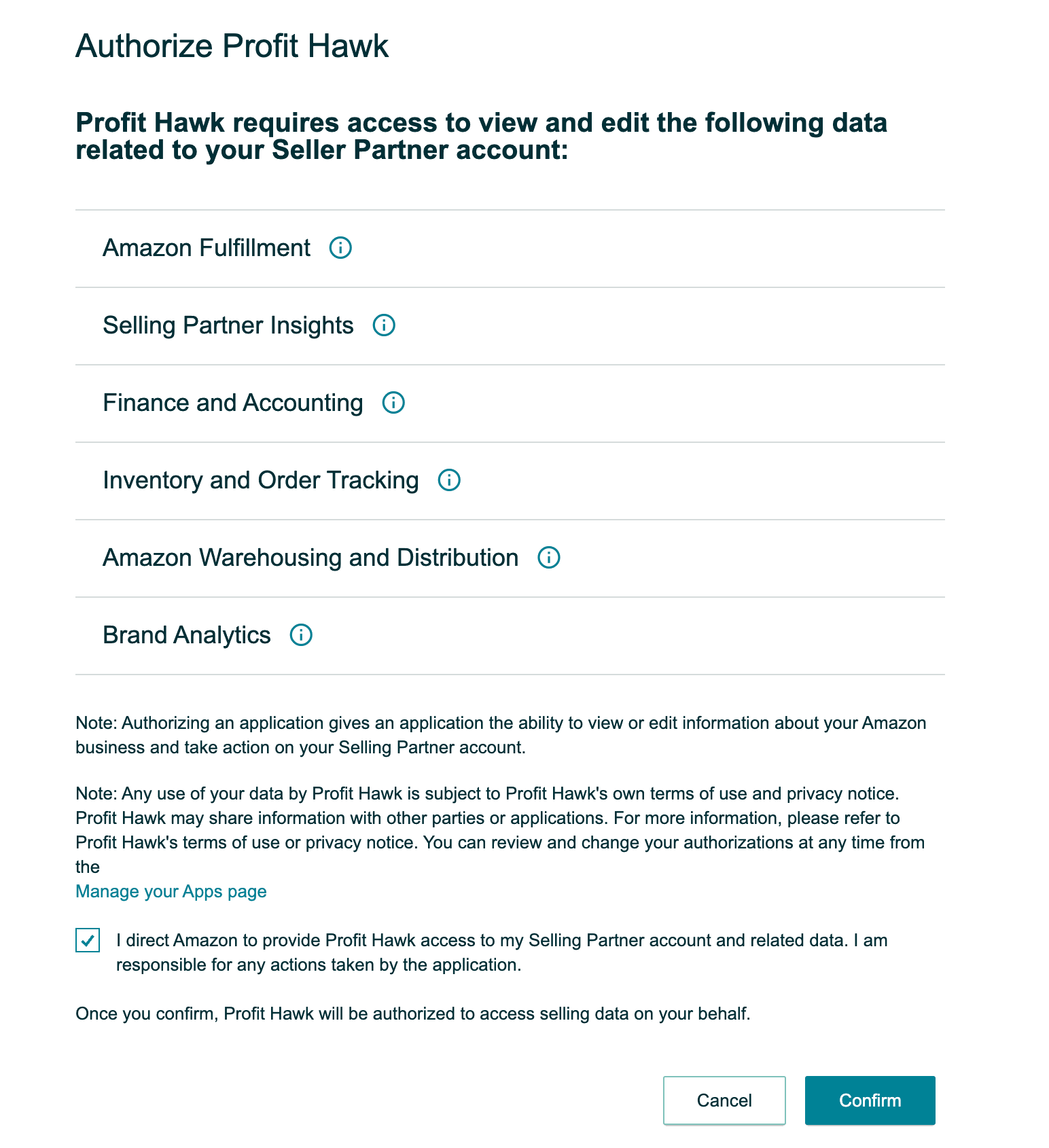 Amazon Seller Central authorization page showing the data permissions Profit Hawk requires and the confirmation checkbox