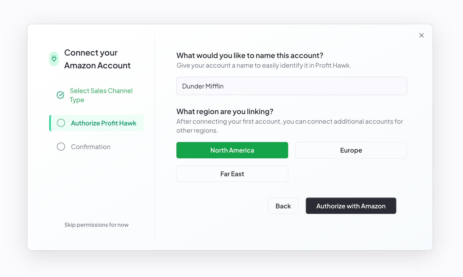 Profit Hawk authorize step showing account name field and region selector with North America, Europe, and Far East options