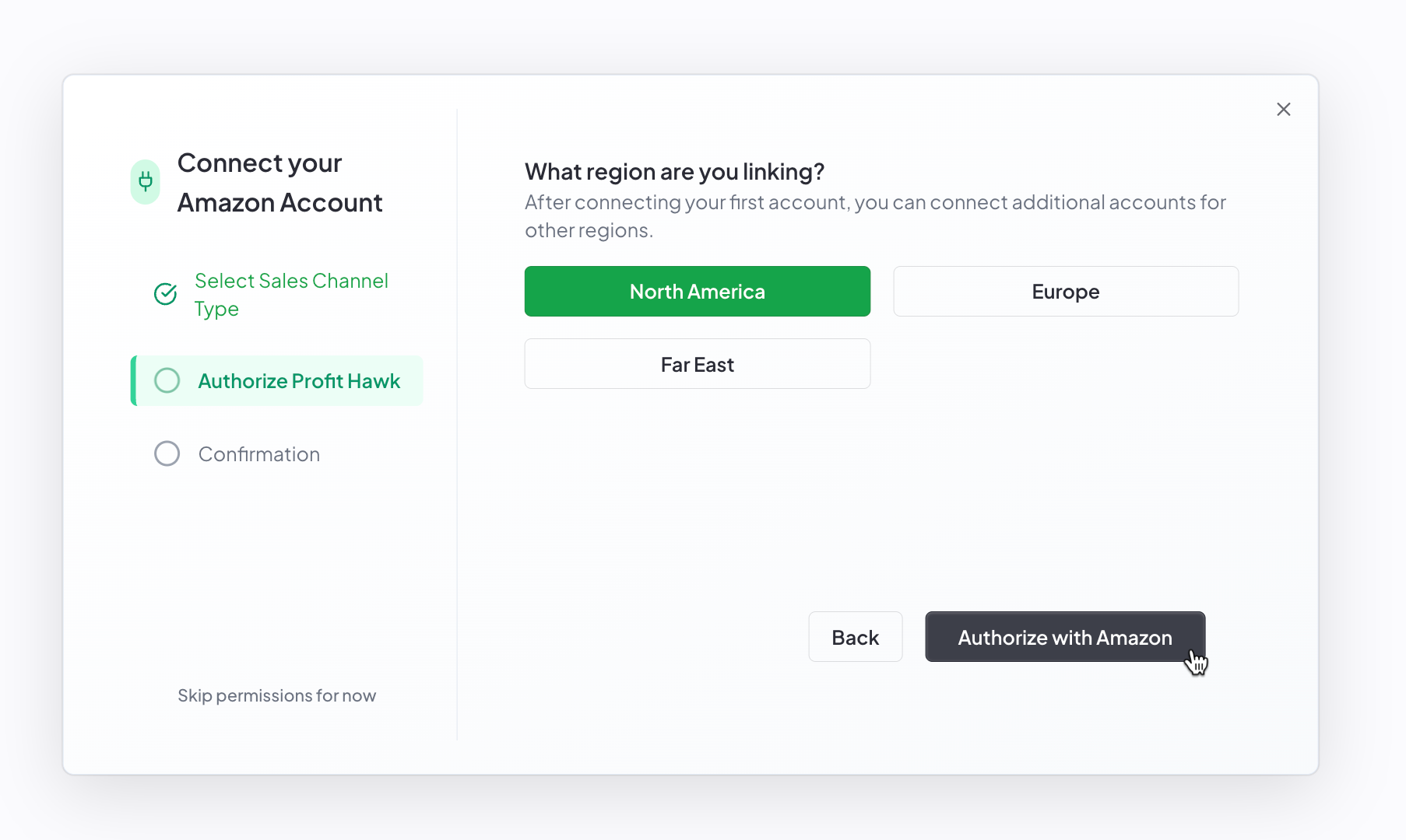 Profit Hawk connect Amazon account dialog with options to select the Amazon Ads region