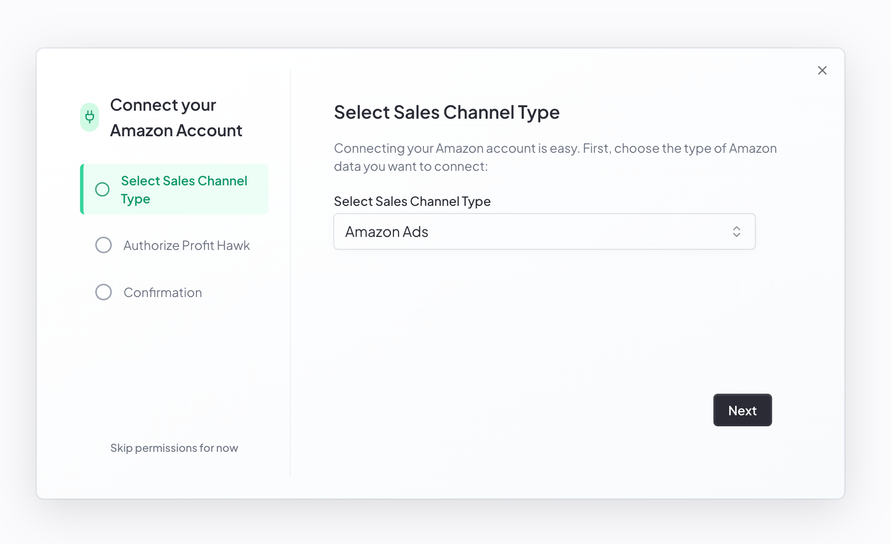 Profit Hawk connect Amazon account dialog with Amazon Ads selected as the sales channel type