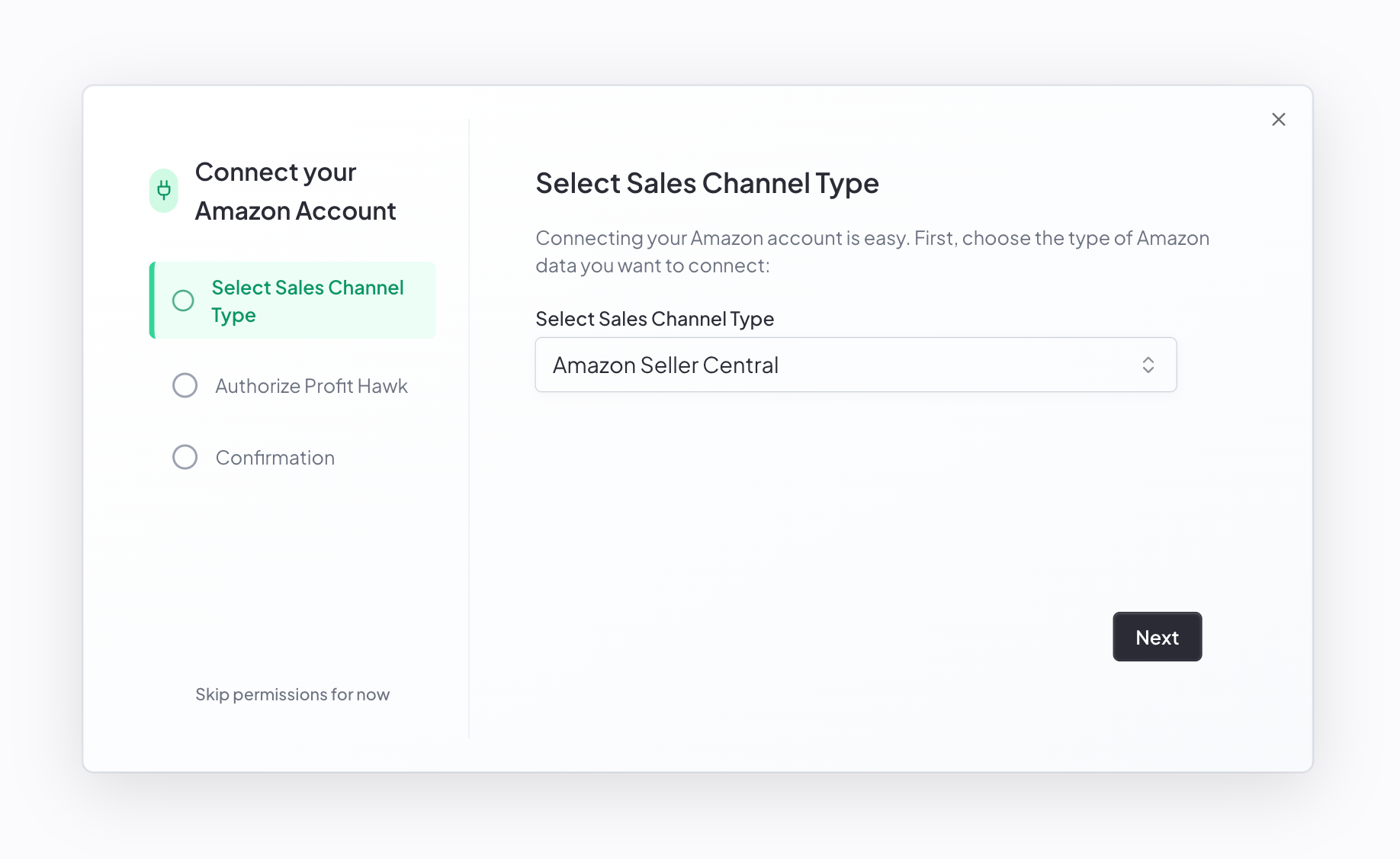 Profit Hawk connect Amazon account dialog with Amazon Seller Central selected as the sales channel type