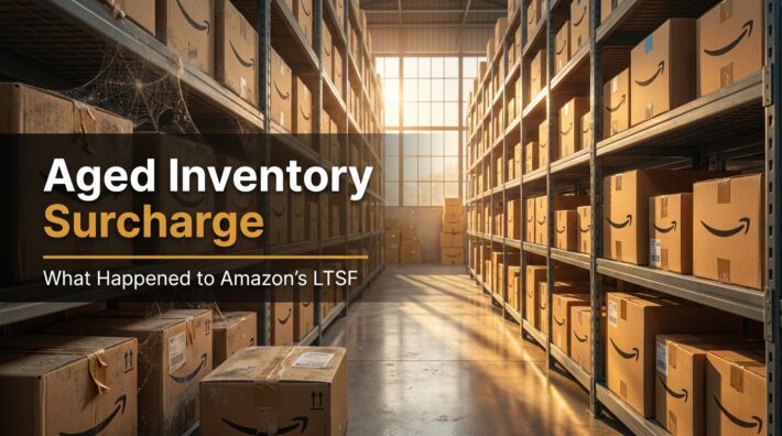 Warehouse aisle with aging Amazon FBA shipping boxes representing the aged inventory surcharge