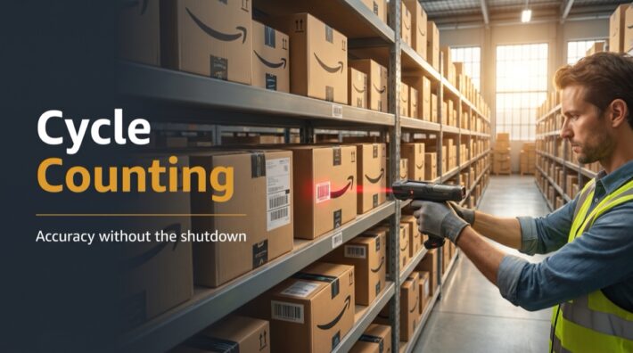 Cycle counting for ecommerce inventory: warehouse worker scanning Amazon FBA boxes