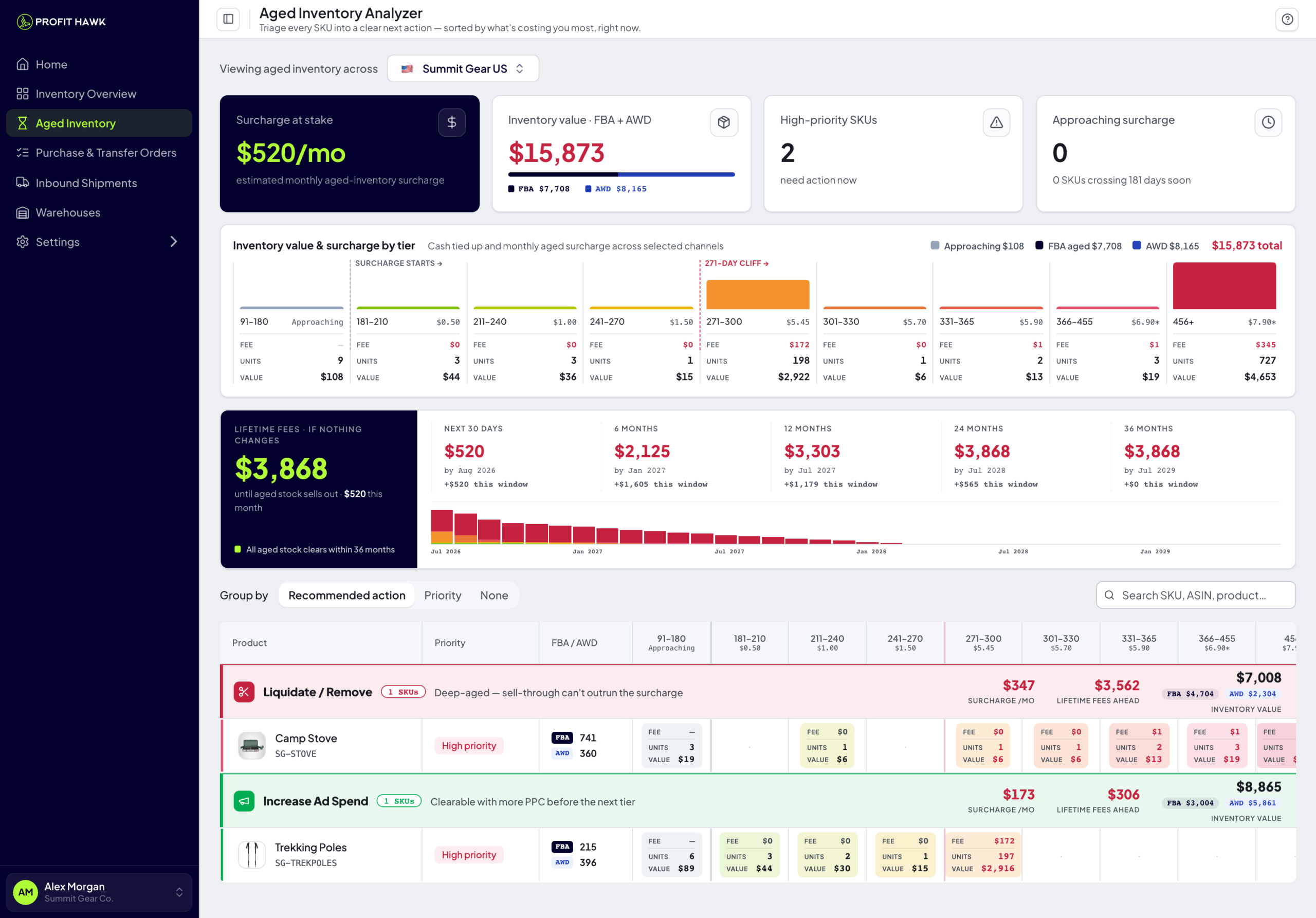 The Profit Hawk Aged Inventory Analyzer showing surcharge KPIs, the surcharge-by-tier ribbon, the lifetime fees projection panel, and SKUs grouped by recommended action