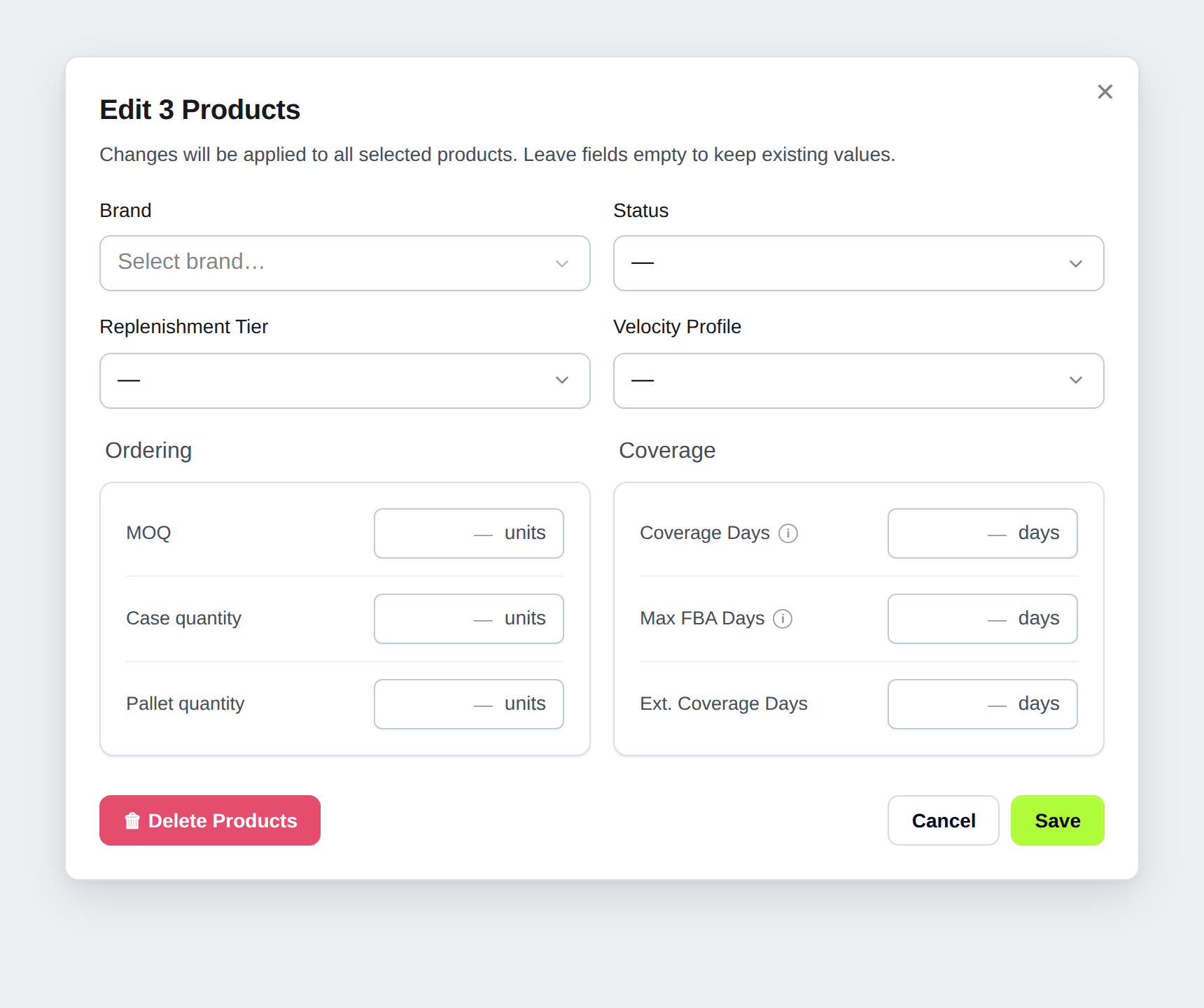 Profit Hawk Edit Products bulk dialog with replenishment tier, velocity profile, and coverage days fields
