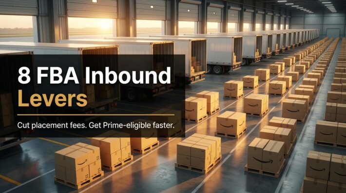Cross-dock freight terminal with staged pallets of shipping boxes, illustrating FBA inbound routing and placement fees
