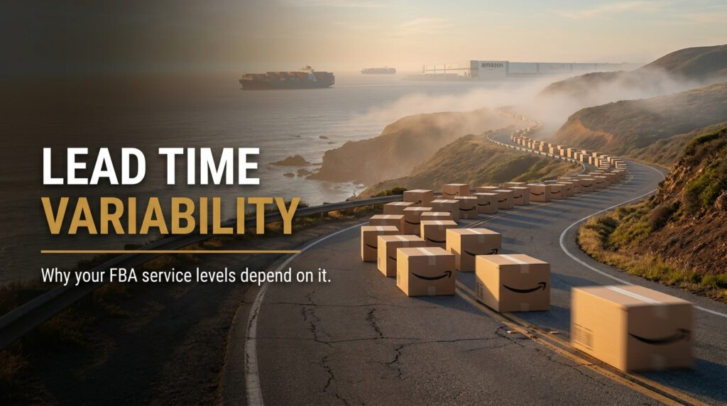 Amazon FBA shipping boxes strung unevenly along a winding road showing lead time variability