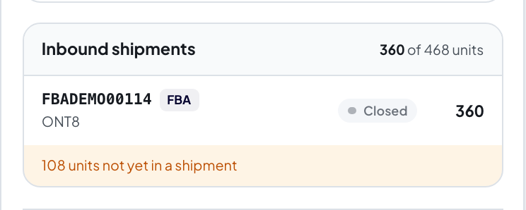 Order line detail panel showing inbound shipment coverage and units not yet in a shipment