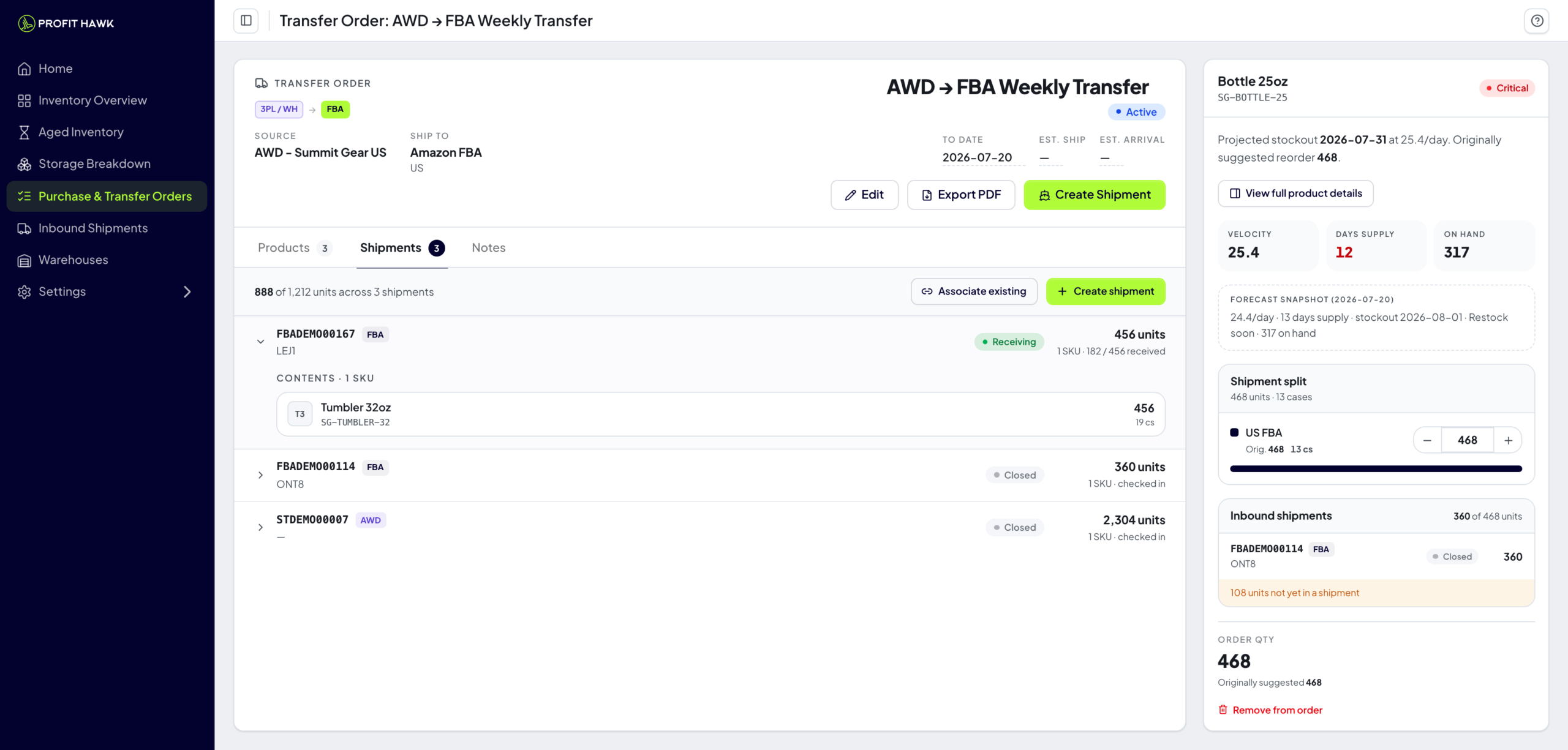 Profit Hawk order Shipments tab showing inbound coverage and linked FBA and AWD shipments