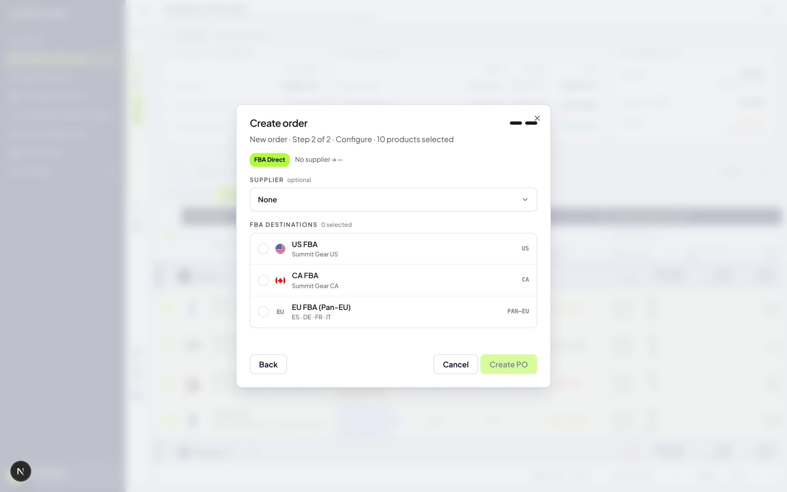 The Create order dialog's configure step for FBA Direct routing, with the optional supplier dropdown and pool-level FBA destinations: US FBA, CA FBA, and EU FBA (Pan-EU)