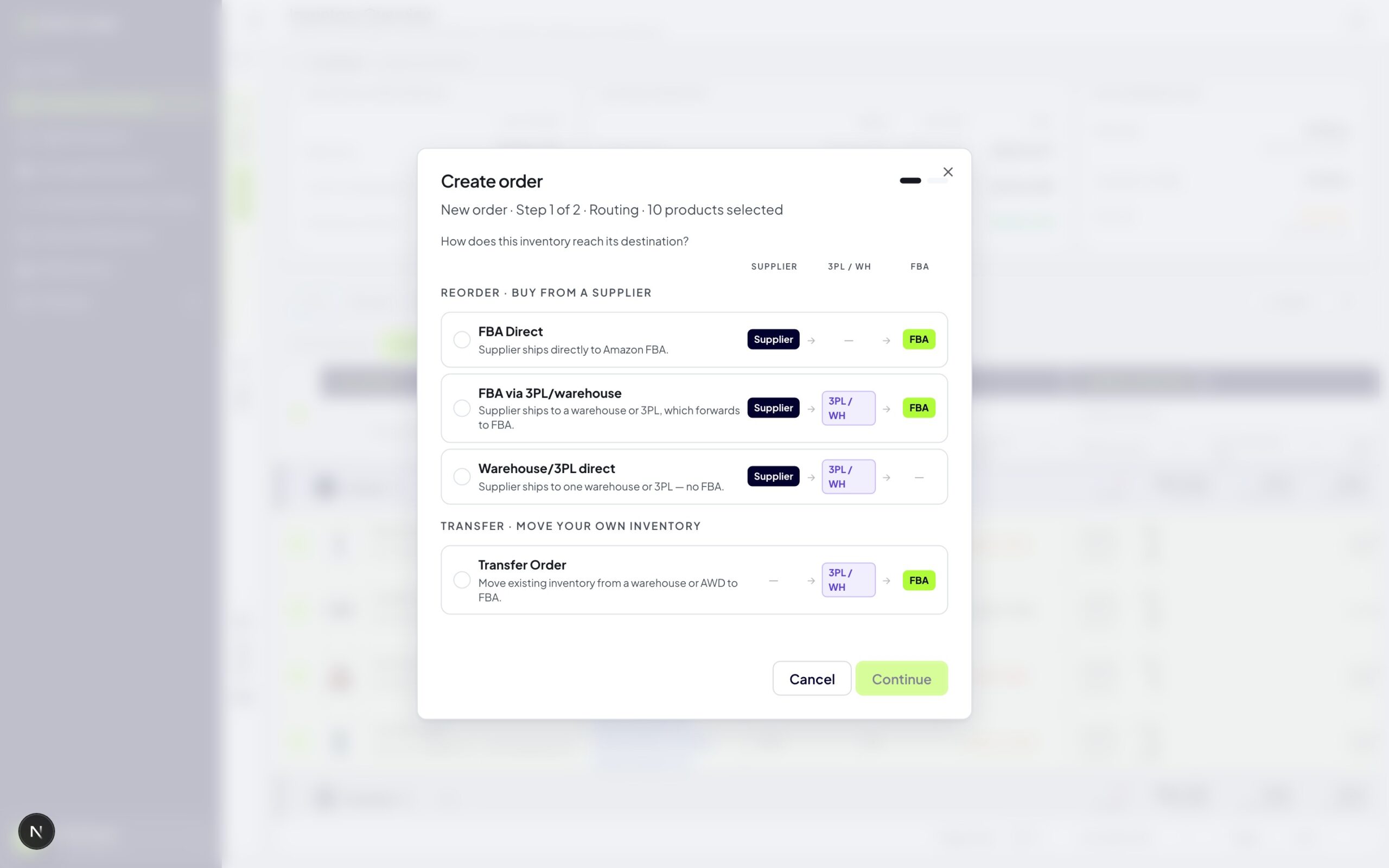 The Create order dialog's routing step, with the three Reorder routes (FBA Direct, FBA via 3PL/warehouse, Warehouse/3PL direct) and a separate Transfer Order option below them