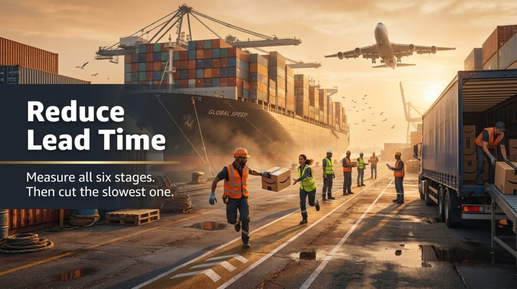 Workers relay Amazon FBA boxes across a shipping port, illustrating how to reduce lead time stage by stage