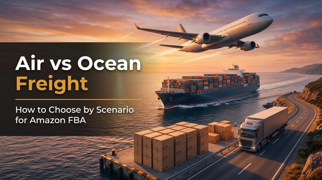 Cargo plane, container ship, and delivery truck showing air vs ocean freight options for Amazon FBA