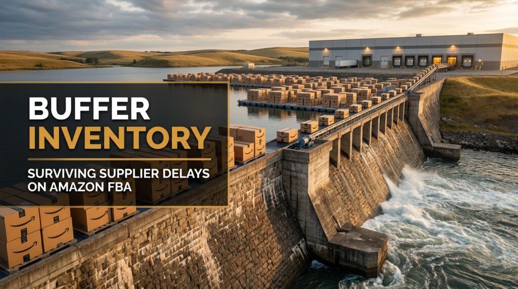 Amazon FBA shipping boxes held in reserve behind a dam, illustrating buffer inventory during supplier delays