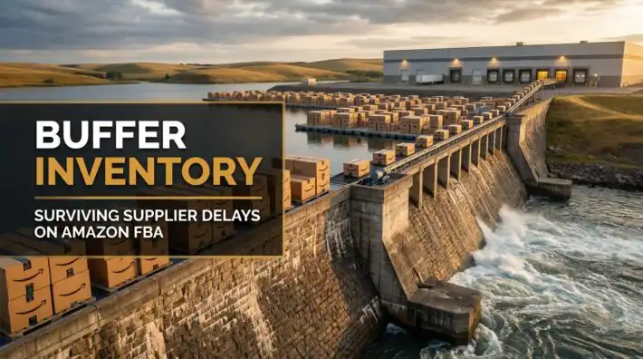 Amazon FBA shipping boxes held in reserve behind a dam, illustrating buffer inventory during supplier delays