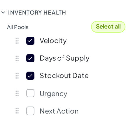 The Profit Hawk Columns panel with the Select all action revealed on the All Pools group under Inventory Health