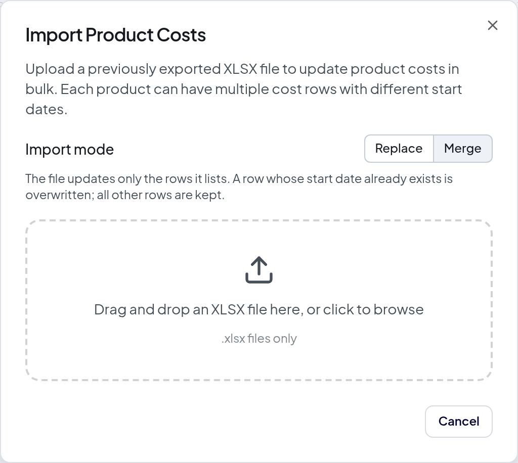 The Profit Hawk Import Product Costs dialog with Merge mode selected, showing that unlisted cost rows are kept