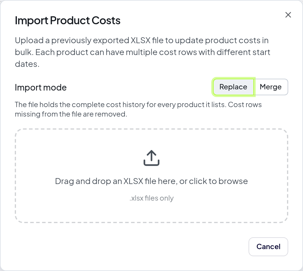 The Profit Hawk Import Product Costs dialog with Replace mode selected, showing that missing cost rows are removed