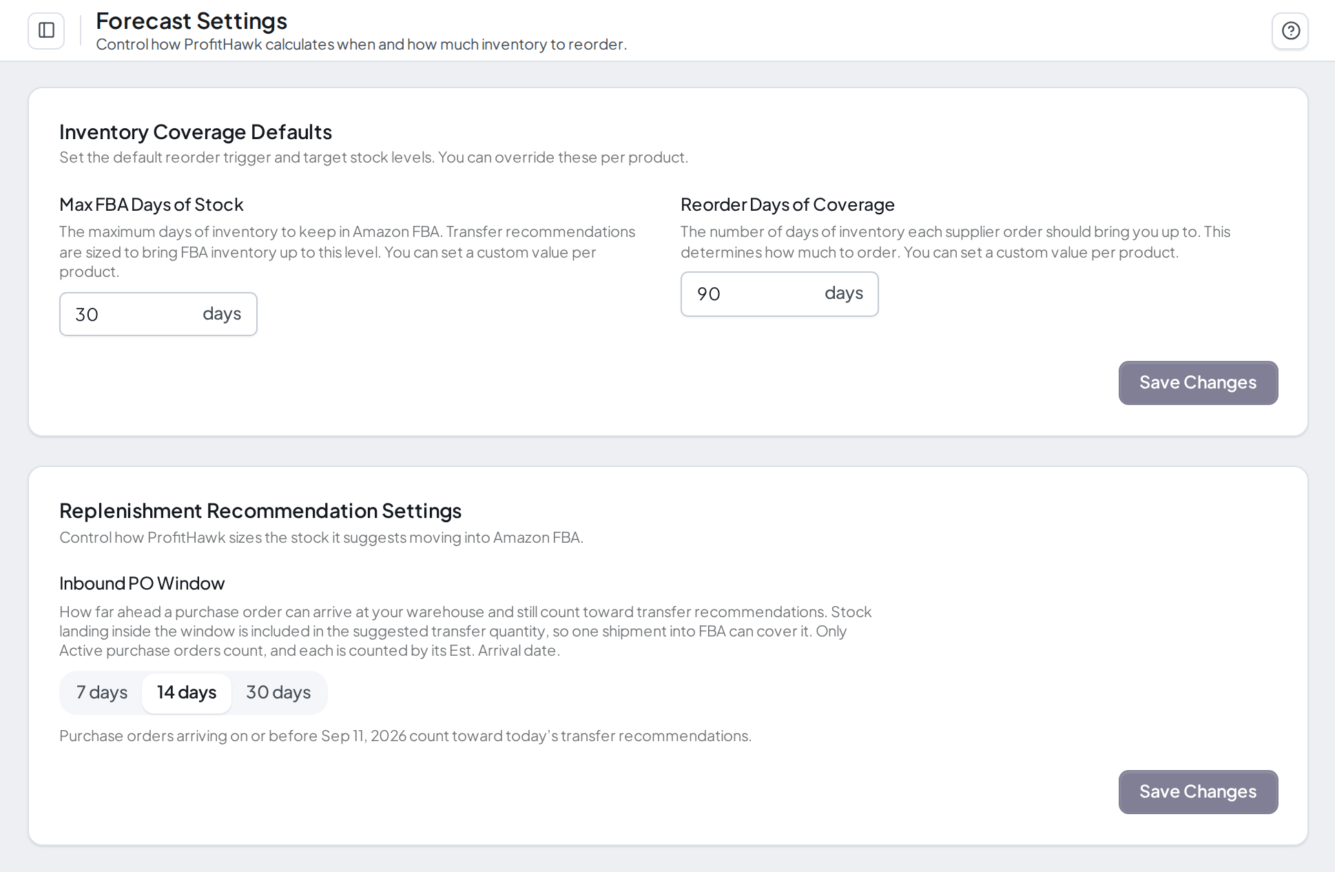 The Profit Hawk Forecast Settings page showing Inventory Coverage Defaults and the Inbound PO Window