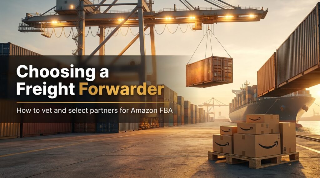 Container port at golden hour with Amazon FBA boxes, illustrating how to choose a freight forwarder for Amazon FBA