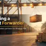Container port at golden hour with Amazon FBA boxes, illustrating how to choose a freight forwarder for Amazon FBA