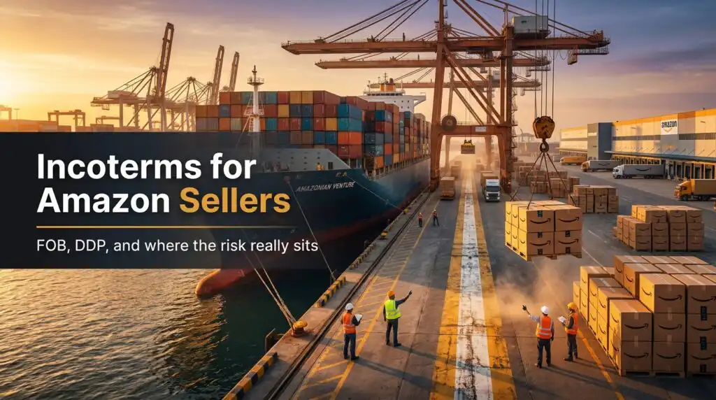 Container ship at a port with Amazon FBA shipping boxes crossing a painted line, showing Incoterms for Amazon sellers