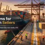 Container ship at a port with Amazon FBA shipping boxes crossing a painted line, showing Incoterms for Amazon sellers