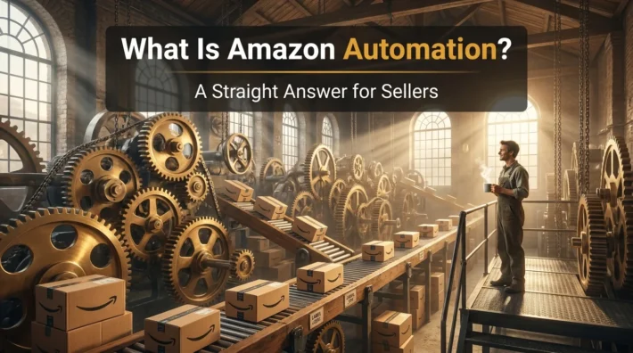 Seller overseeing brass gears that sort Amazon FBA boxes on their own, illustrating Amazon automation