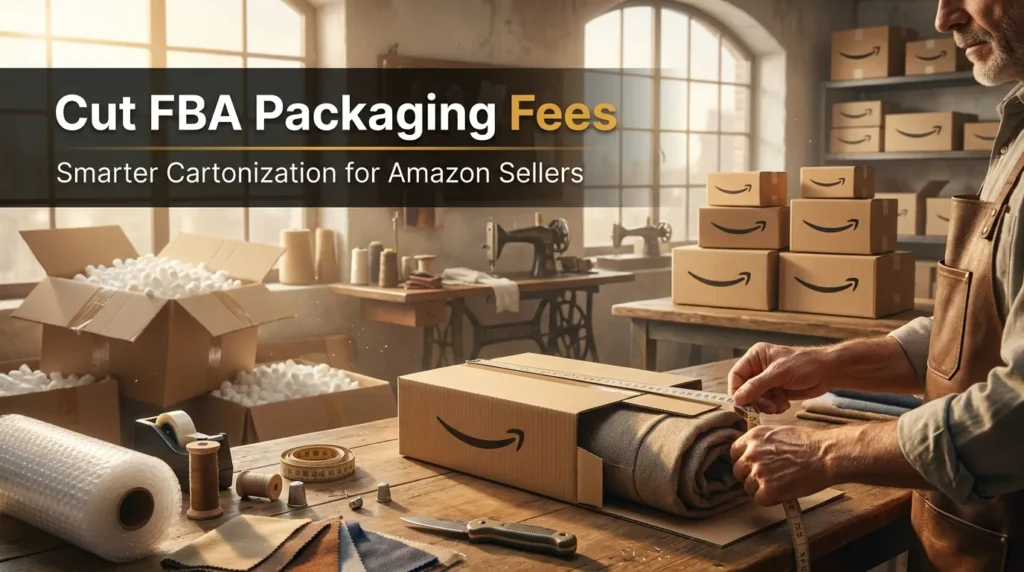 Craftsman trimming a shipping box to fit its product, showing how cartonization cuts Amazon FBA packaging fees