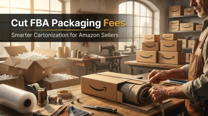 Craftsman trimming a shipping box to fit its product, showing how cartonization cuts Amazon FBA packaging fees