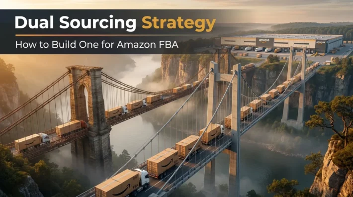 Two bridges carrying Amazon FBA boxes to one warehouse, illustrating a dual sourcing strategy for supplier backup