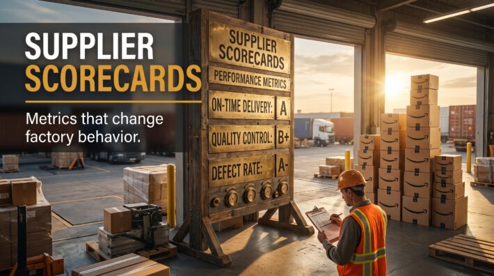 Supplier scorecard on a factory dock with ranked Amazon FBA shipping boxes and a supervisor reviewing supplier grades